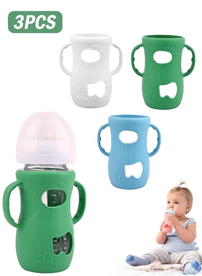 3 Pack Silicone Sleeves for Avent Natural Glass Baby Bottles, Anti Breakage Baby Bottle Sleeves with Handles, Compatible Philips Avent Glass Natural Baby Bottle 8 oz (White+Green+Blue) - Image 1
